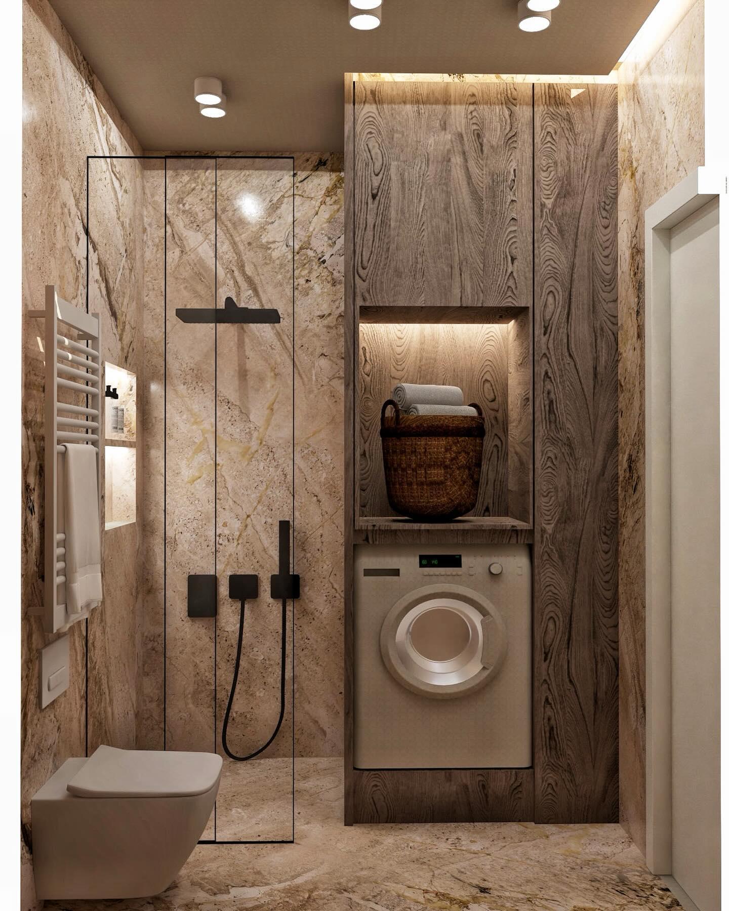 Pamje e plotë e toilet-it me mermer: dush me xham, set i zi dushi, lavatriçe e integruar dhe WC i varur.