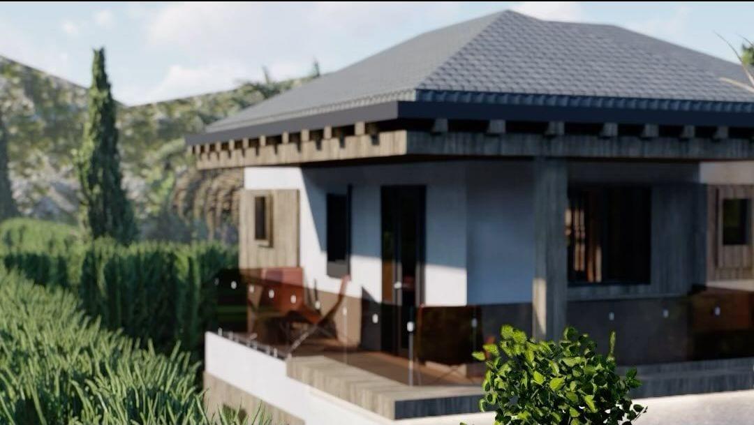 Vizualizim i animuar i Vilës 09: çati gri me pjerrësi, tarracë e mbuluar, kopshte dhe tabela e ndriçuar “Villa 09”.